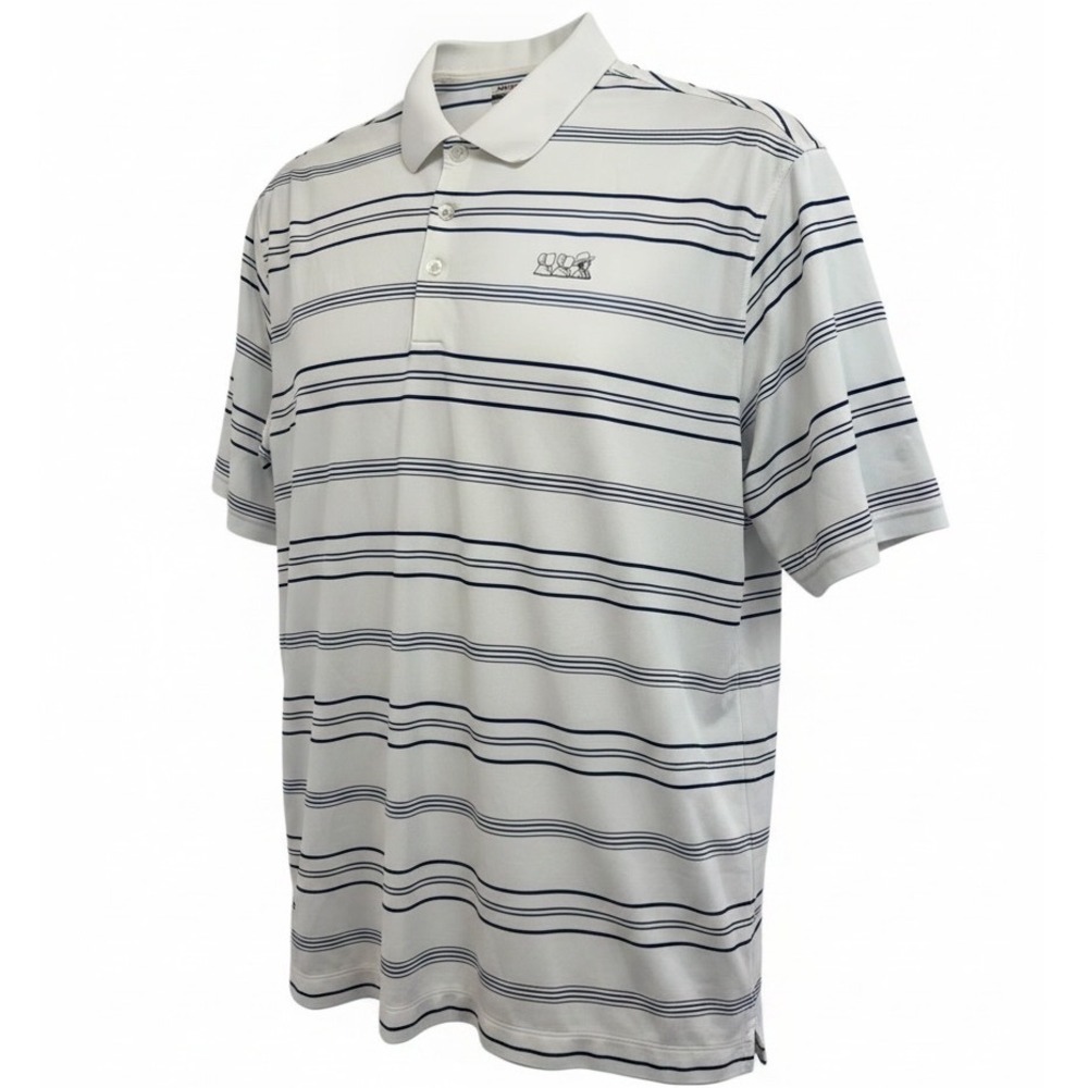 Nike Golf Quaker Ridge CC Logo White Blue Striped Polo Shirt Mens Large (U25)